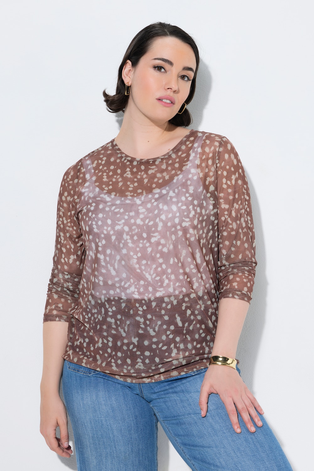 Mesh-skjorte, slim fit, rund hals, lange ermer