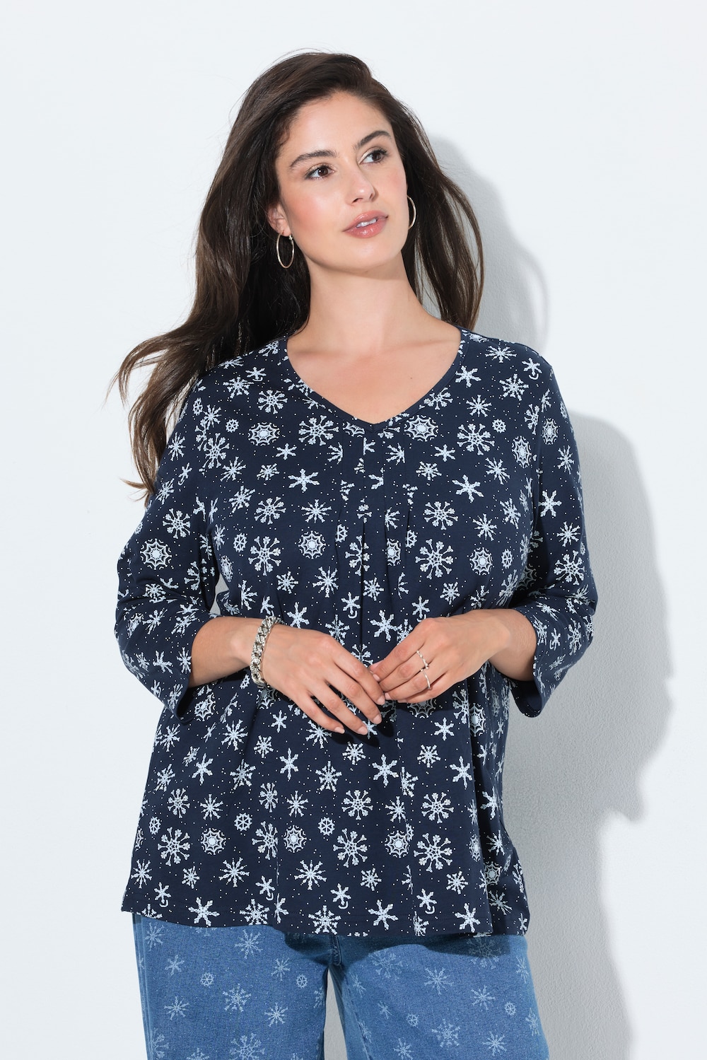 Shirt, sneeuwvlokken, A-lijn, V-hals, 3/4-mouwen