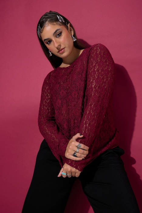 Spitzen-Shirt, Slim Shape, Langarm