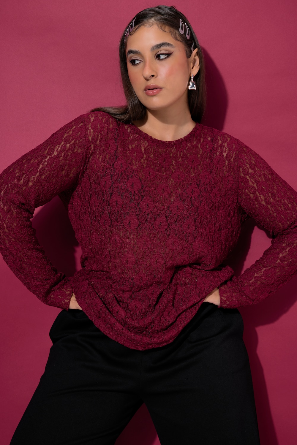 Spitzen-Shirt, Slim Shape, Langarm