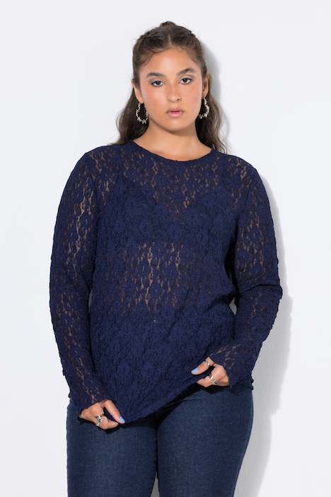 Spitzen-Shirt, Slim Shape, Langarm
