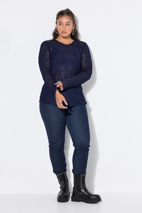 Spitzen-Shirt, Slim Shape, Langarm