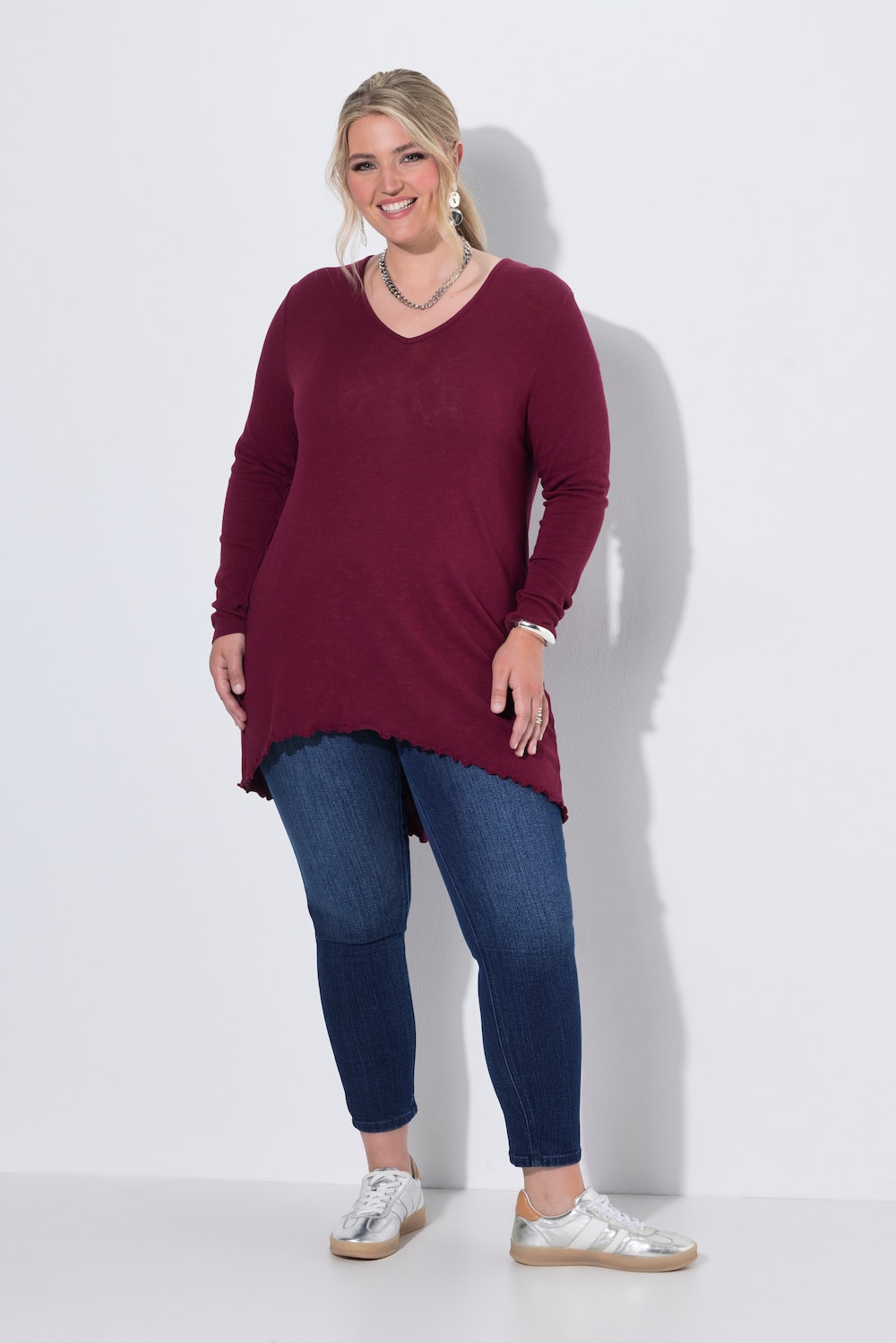 Pullover, A-Linie, leichter Strick, Langarm, Wellensaum