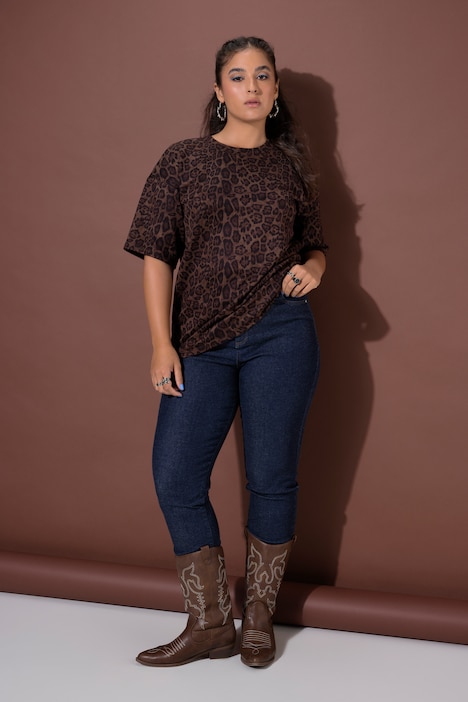 T-Shirt, Oversize Shape, Suede mit Leo, Halbarm