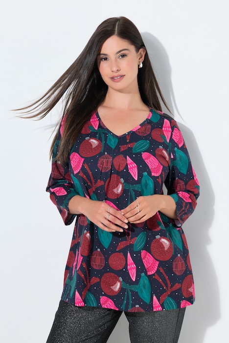 Weihnachts-Shirt, A-Linie, V-Ausschnitt, 3/4-Arm