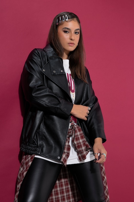 Lederimitat-Jacke, Blouson-Shape, Stehkragen, elastischer Saum