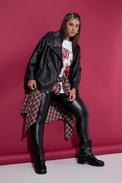 Lederimitat-Jacke, Blouson-Shape, Stehkragen, elastischer Saum