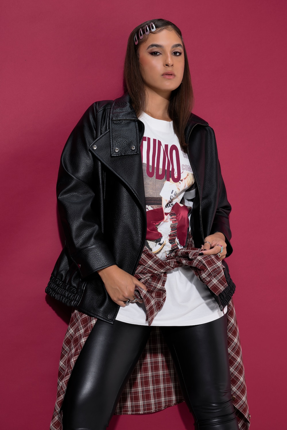 Lederimitat-Jacke, Blouson-Shape, Stehkragen