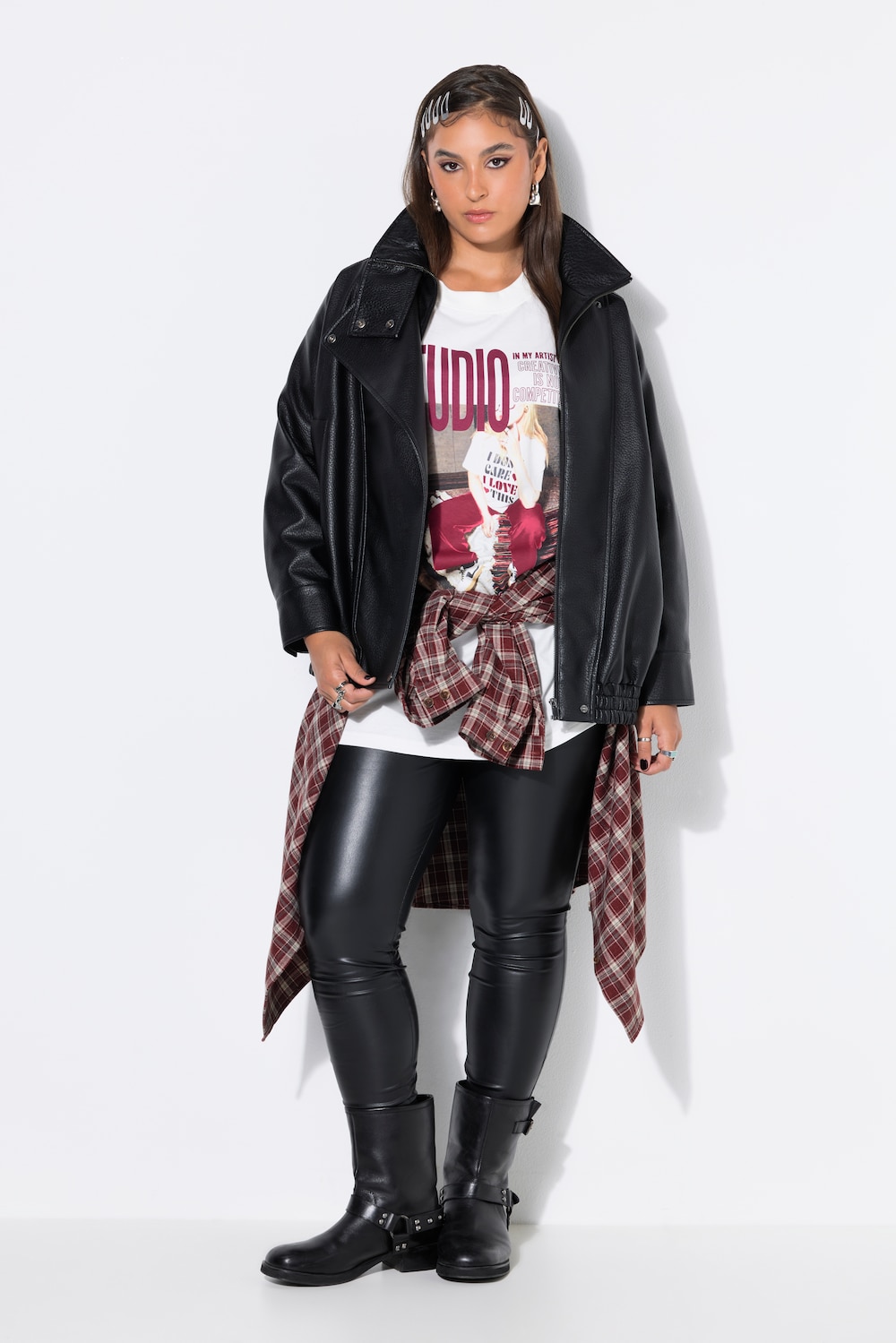 Lederimitat-Jacke, Blouson-Shape, Stehkragen, elastischer Saum