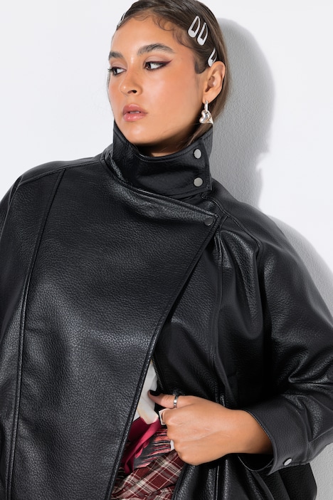 Lederimitat-Jacke, Blouson-Shape, Stehkragen, elastischer Saum