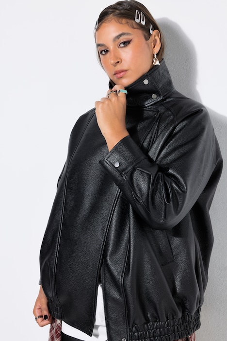 Lederimitat-Jacke, Blouson-Shape, Stehkragen, elastischer Saum