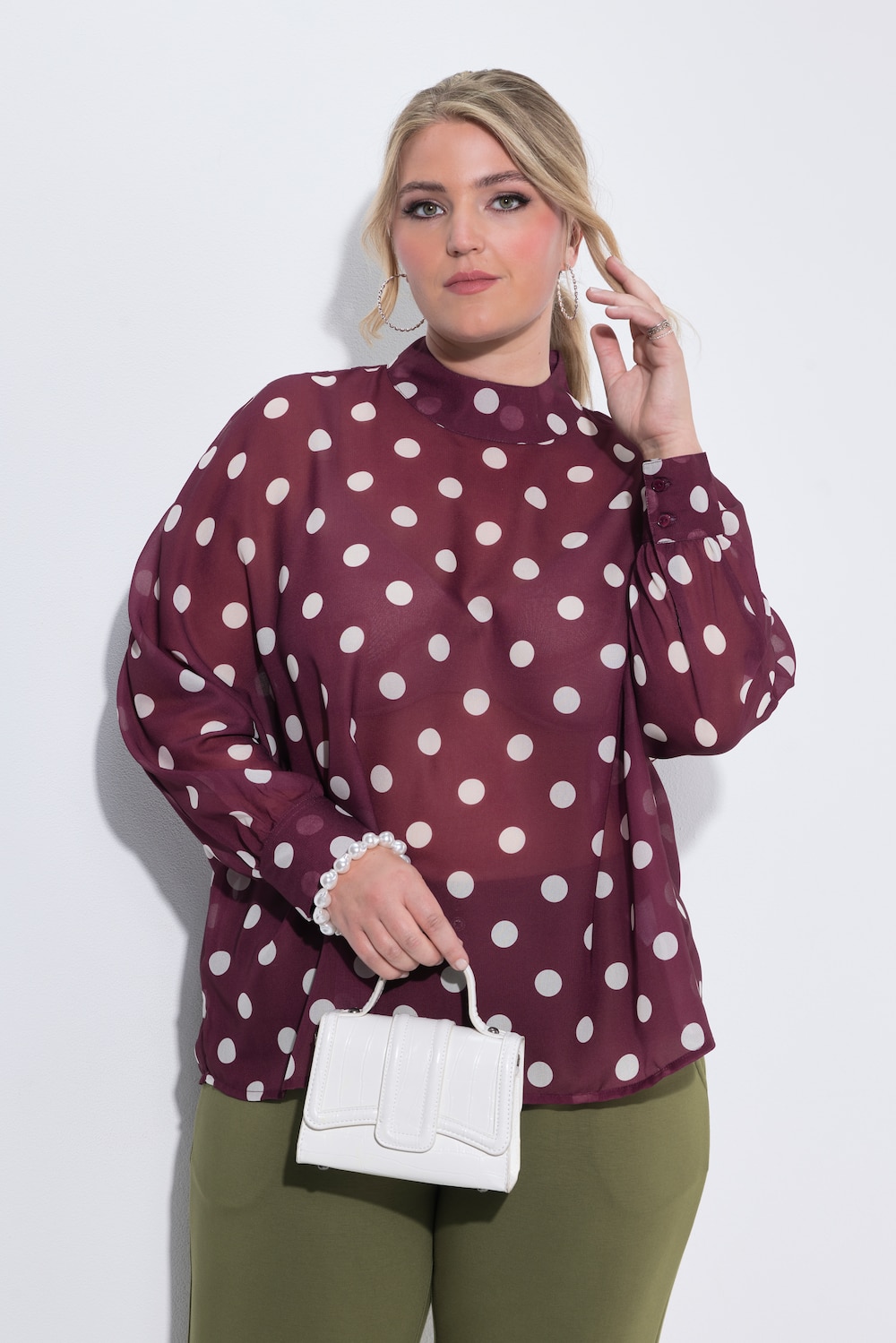 Bluse, oversized, Polka-Dots, Stehkragen, Fledermaus-Langarm