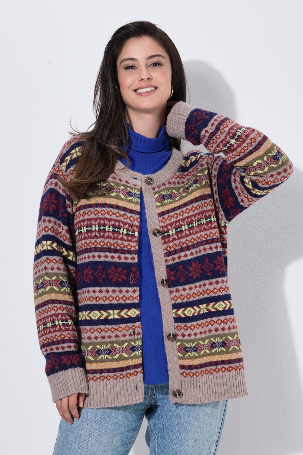 Strickjacke, Norwegermuster, Rundhals, Langarm