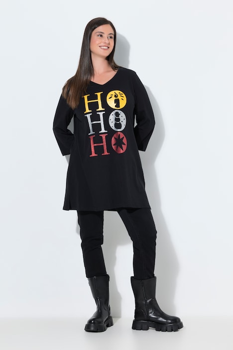 Weihnachts-Longshirt, A-Linie, V-Ausschnitt, 3/4-Arm