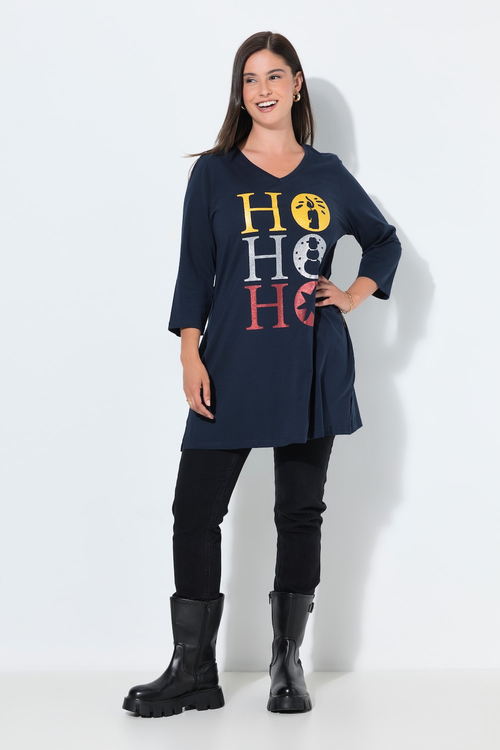 Weihnachts-Longshirt, A-Linie, V-Ausschnitt, 3/4-Arm