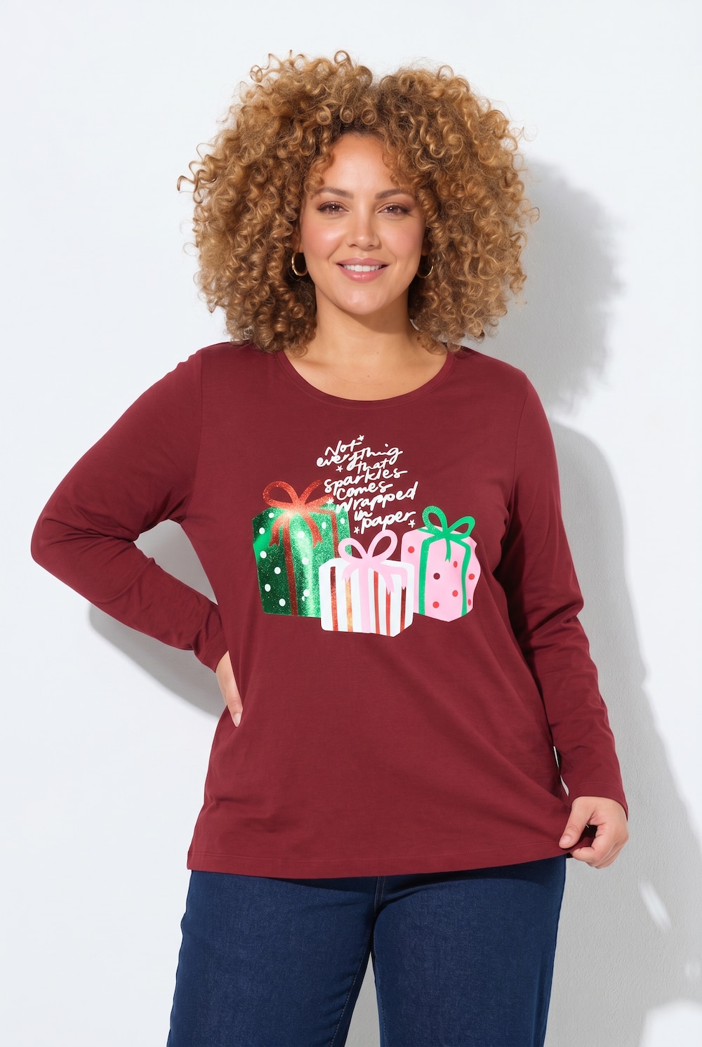 Weihnachts-Shirt, Mistelzweig, V-Ausschnitt, Langarm