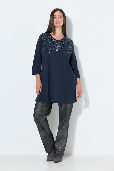 Shirt, Glitzerdruck, A-Linie, V-Ausschnitt, Langarm