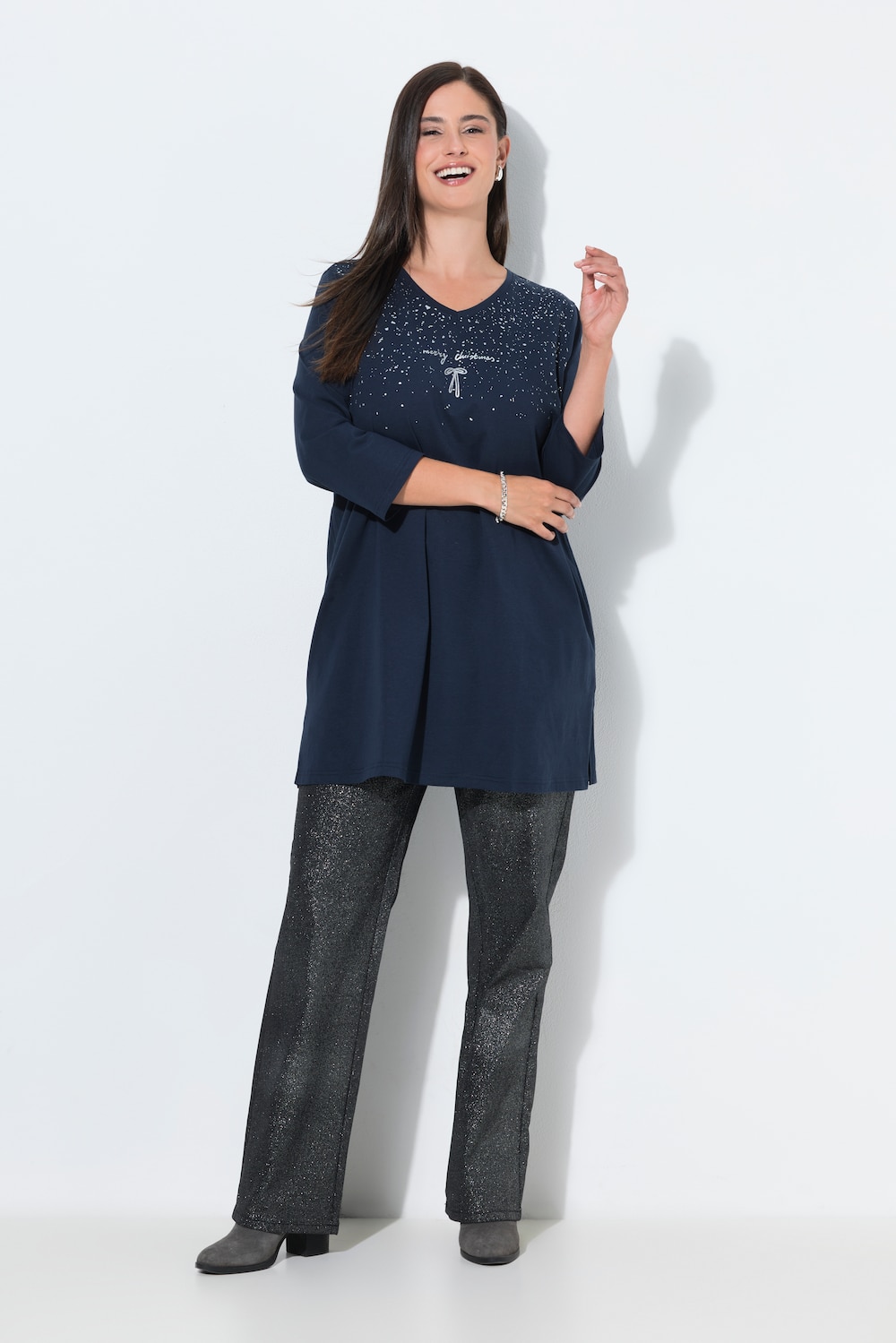 Shirt, glitterprint, A-lijn, V-hals, lange mouwen