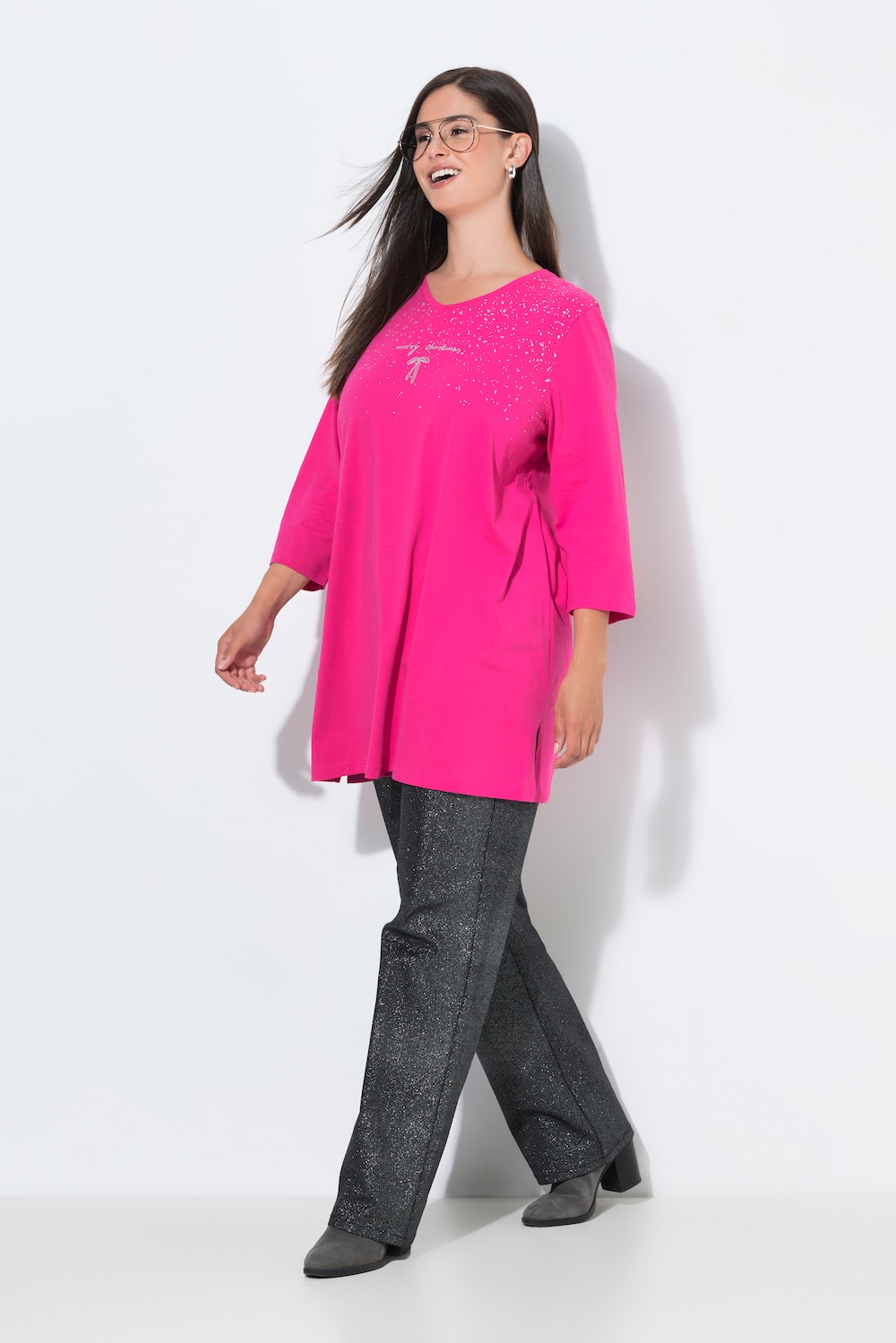 Shirt, Glitzerdruck, A-Linie, V-Ausschnitt, Langarm