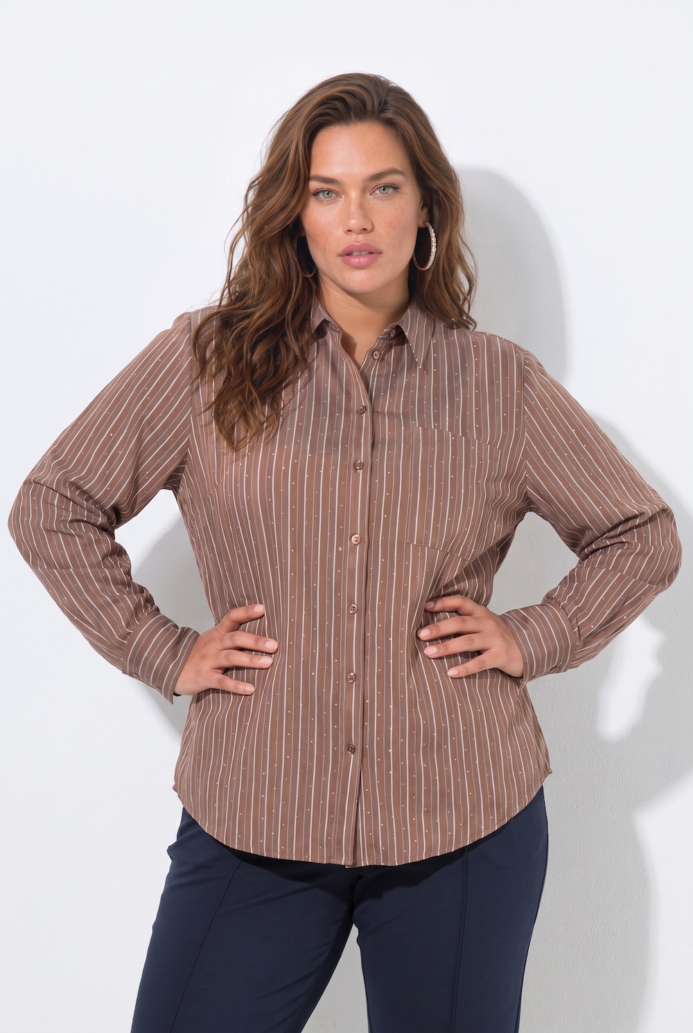 Bluse, Streifen, Ziersteine, Hemdkragen, Langarm