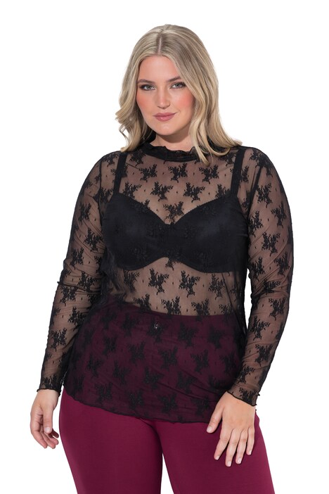 Mesh-Shirt, Slim Fit, Mesh-Spitze, Langarm