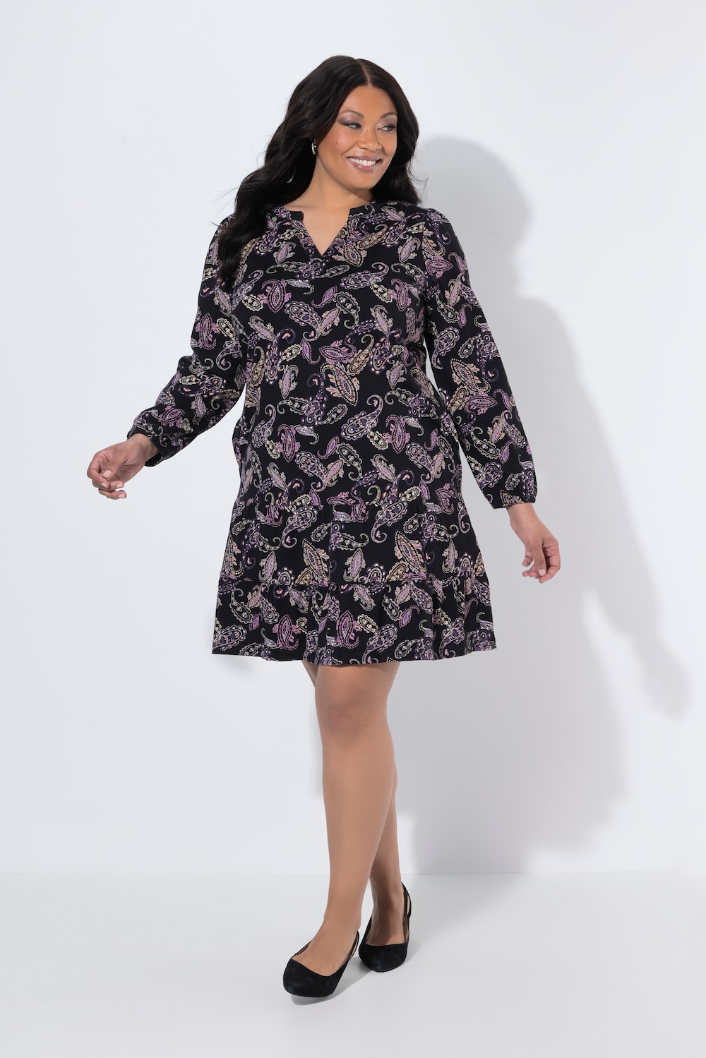 Jurk, paisley-patroon, A-lijn, V-hals, lange mouwen