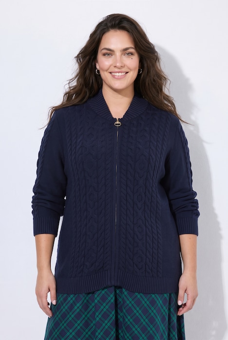 Strickjacke, Zopfmuster, Stehkragen, Langarm