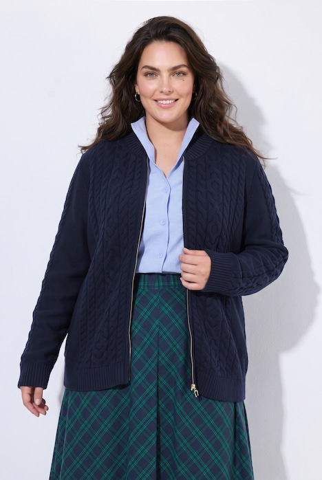 Strickjacke, Zopfmuster, Stehkragen, Langarm