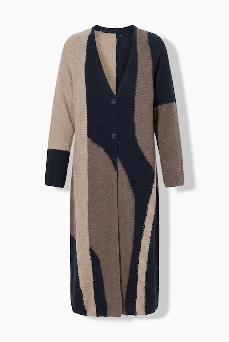Long-Strickjacke, Colorblocking, V-Ausschnitt, Biobaumwolle