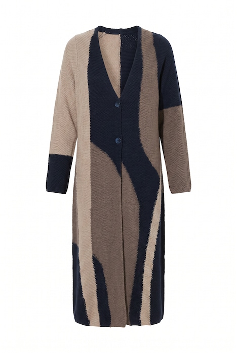 Long-Strickjacke, Colorblocking, V-Ausschnitt, Biobaumwolle