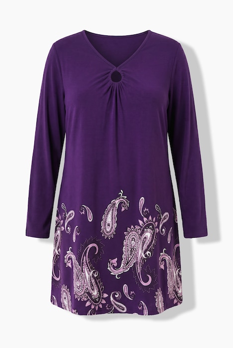 T-shirt long motif cachemire, décolleté en V et manches longues, coupe évasée