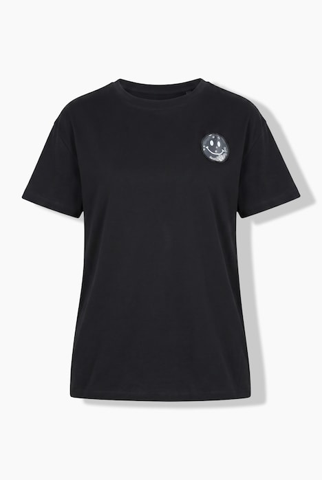 T-Shirt, Boxy Fit, Pailletten, Smiley-Patch, Halbarm