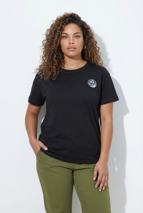 T-Shirt, Boxy Fit, Pailletten, Smiley-Patch, Halbarm