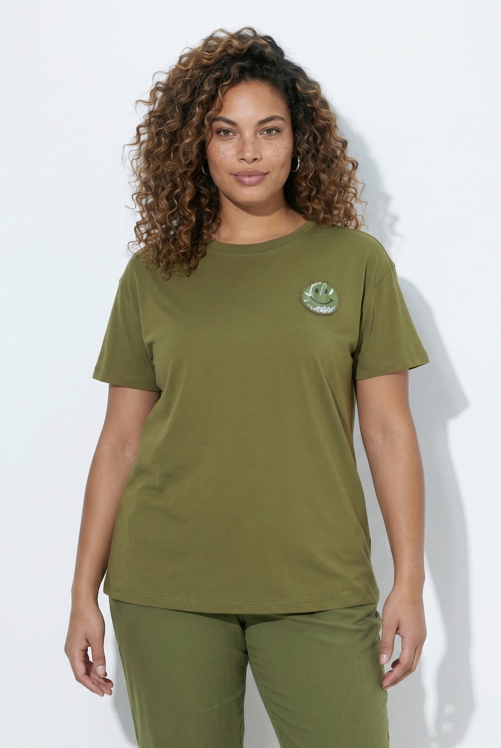 T-shirt, boxy fit, pailletten, smiley-patch, korte mouwen