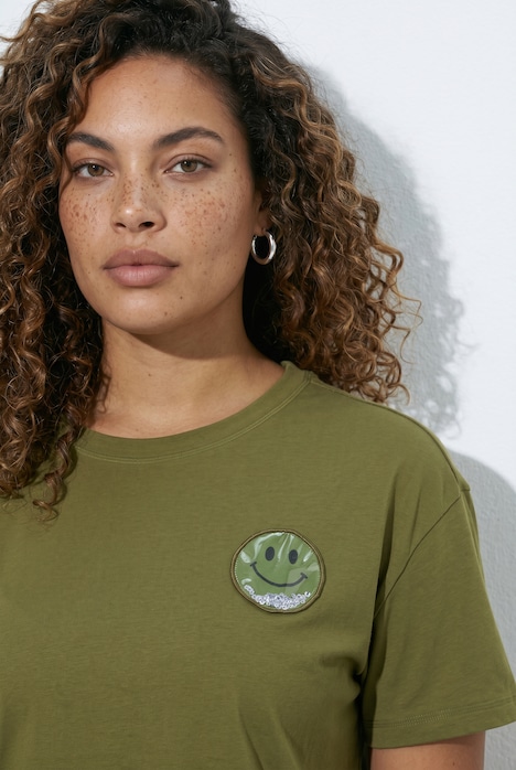 T-shirt, boxy fit, pailletten, smiley-patch, korte mouwen