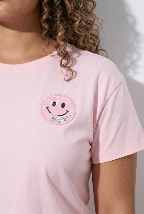 T-shirt, boxy fit, pailletten, smiley-patch, korte mouwen