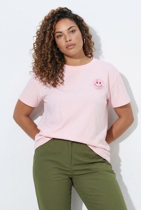 T-shirt, boxy fit, pailletten, smiley-patch, korte mouwen