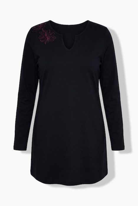 Longshirt, Stickerei, A-Linie, Tunika-Ausschnitt, Langarm
