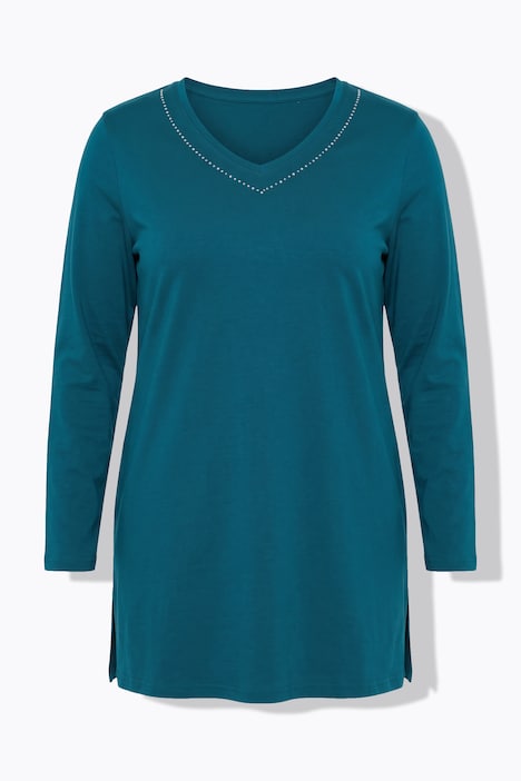 Longshirt, Ziersteine, A-Linie, V-Ausschnitt, Langarm