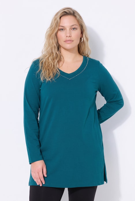 Longshirt, Ziersteine, A-Linie, V-Ausschnitt, Langarm