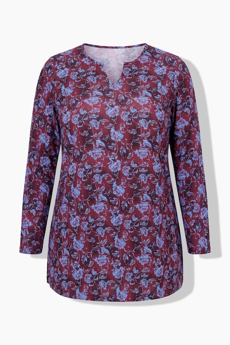 Longshirt, Blüten, A-Linie, Tunika-Ausschnitt, Langarm