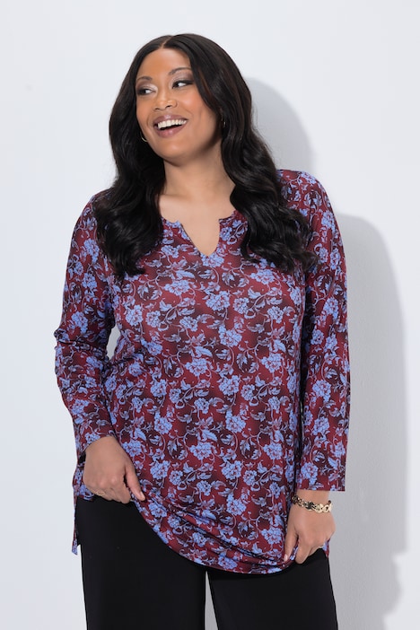 Longshirt, Blüten, A-Linie, Tunika-Ausschnitt, Langarm
