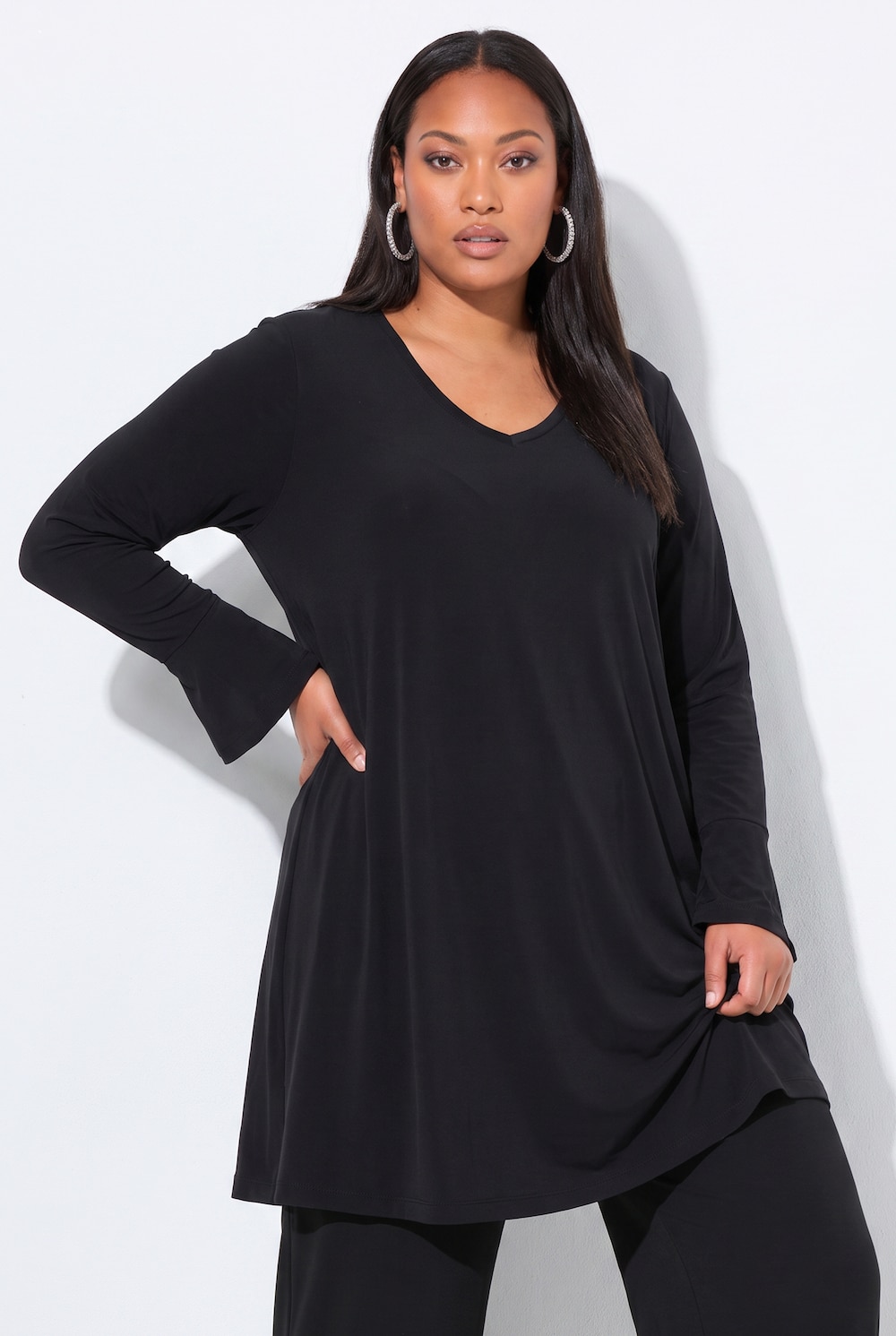 Longshirt, Volantärmel, A-Linie, V-Ausschnitt, Langarm