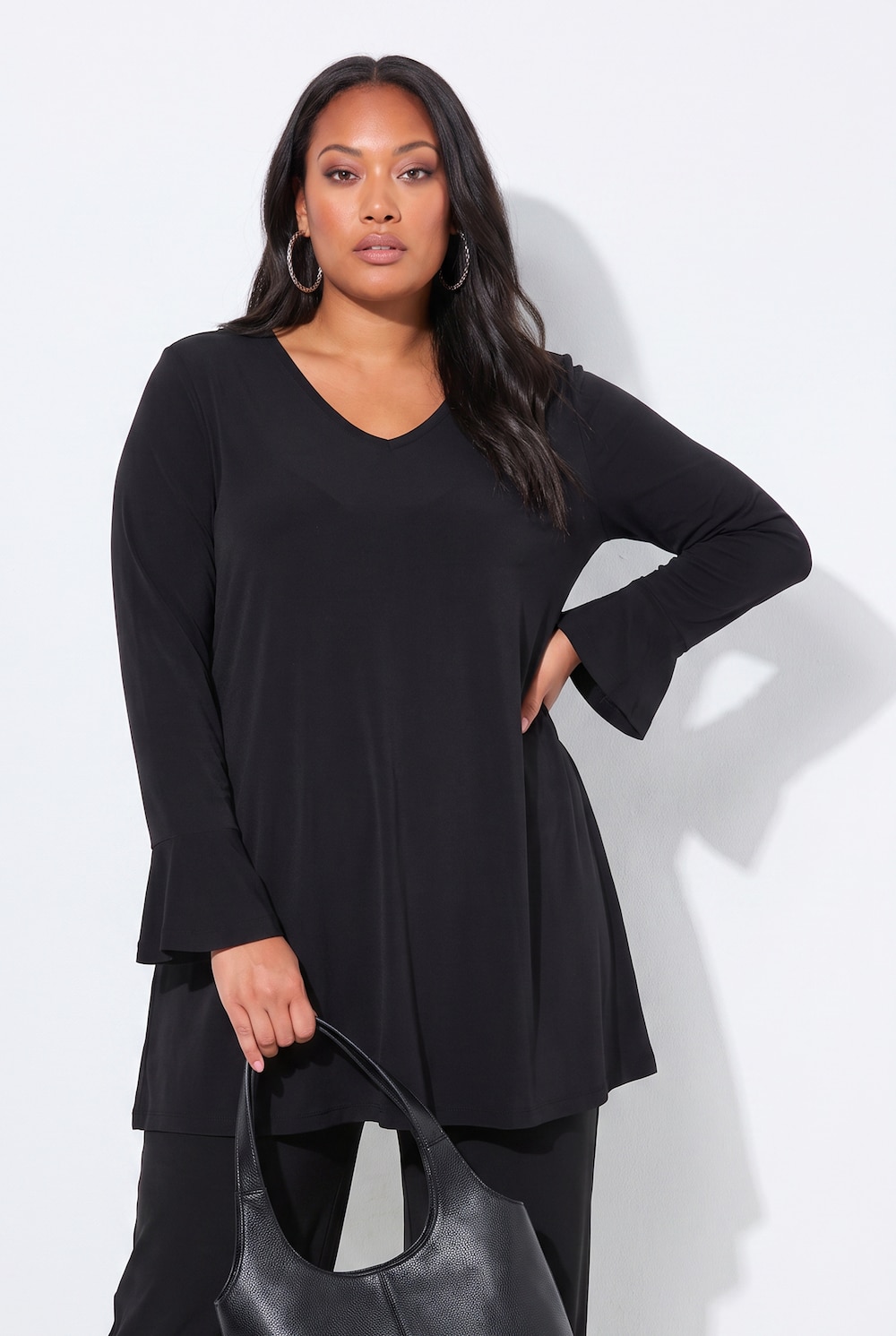 Longshirt, volantmouwen, A-lijn, V-hals, lange mouwen