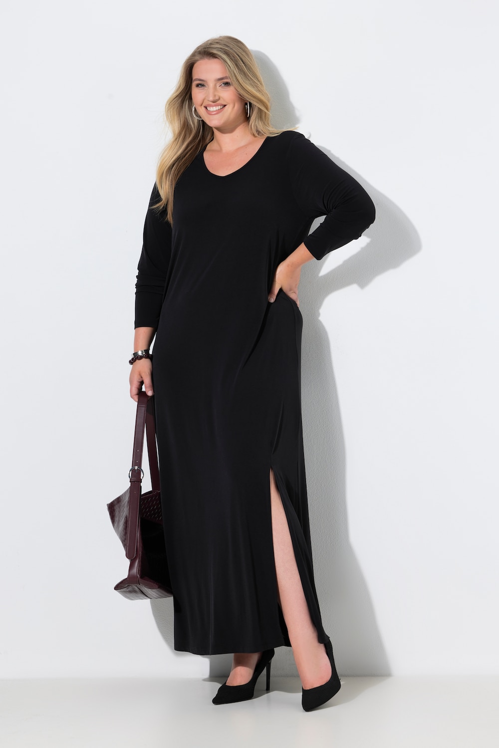 Maxikleid, Schulter-Einsätze, V-Ausschnitt, Langarm