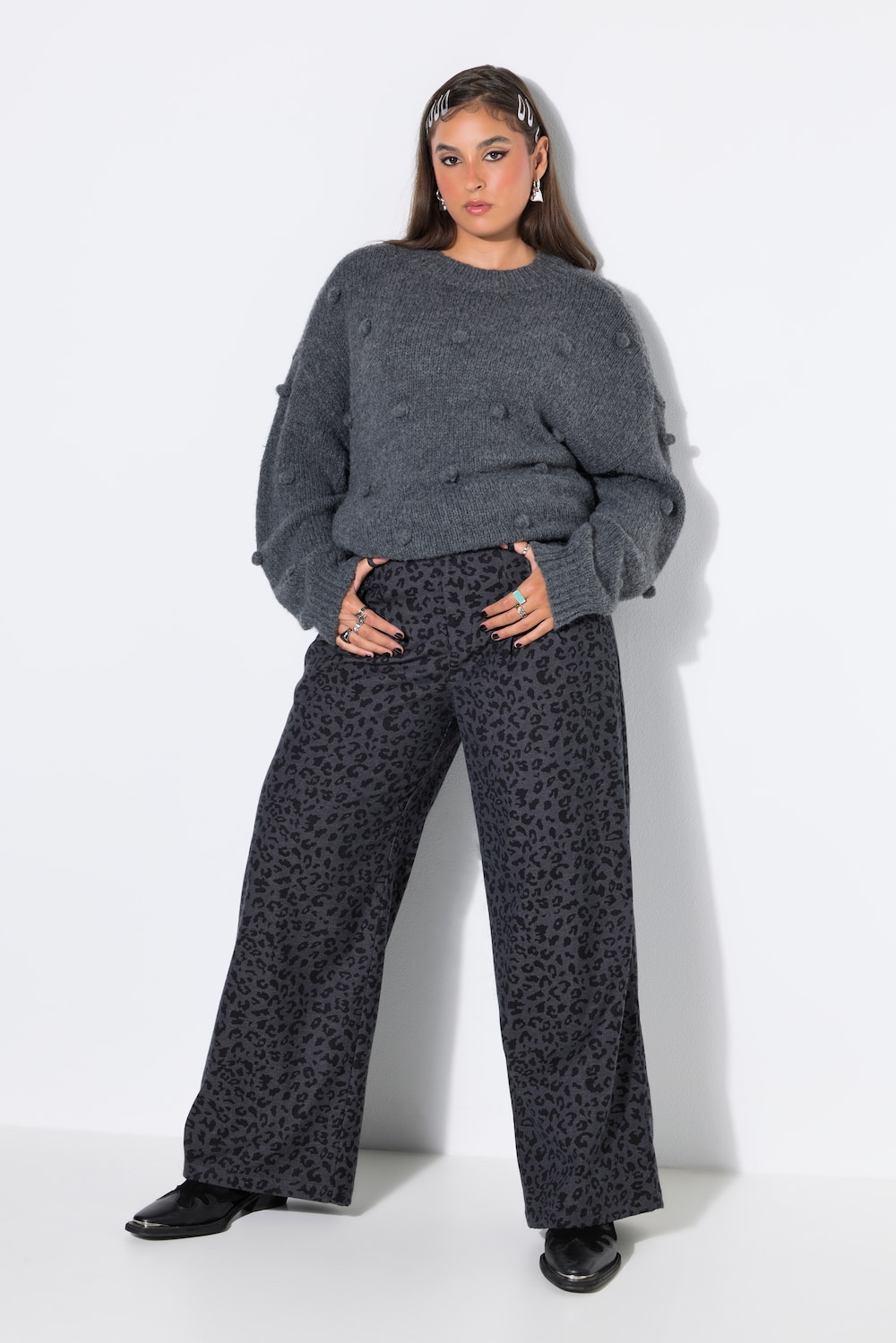 Broek met luipaardpatroon, wide shape, hoge taille, gedeeltelijk elastische tailleband
