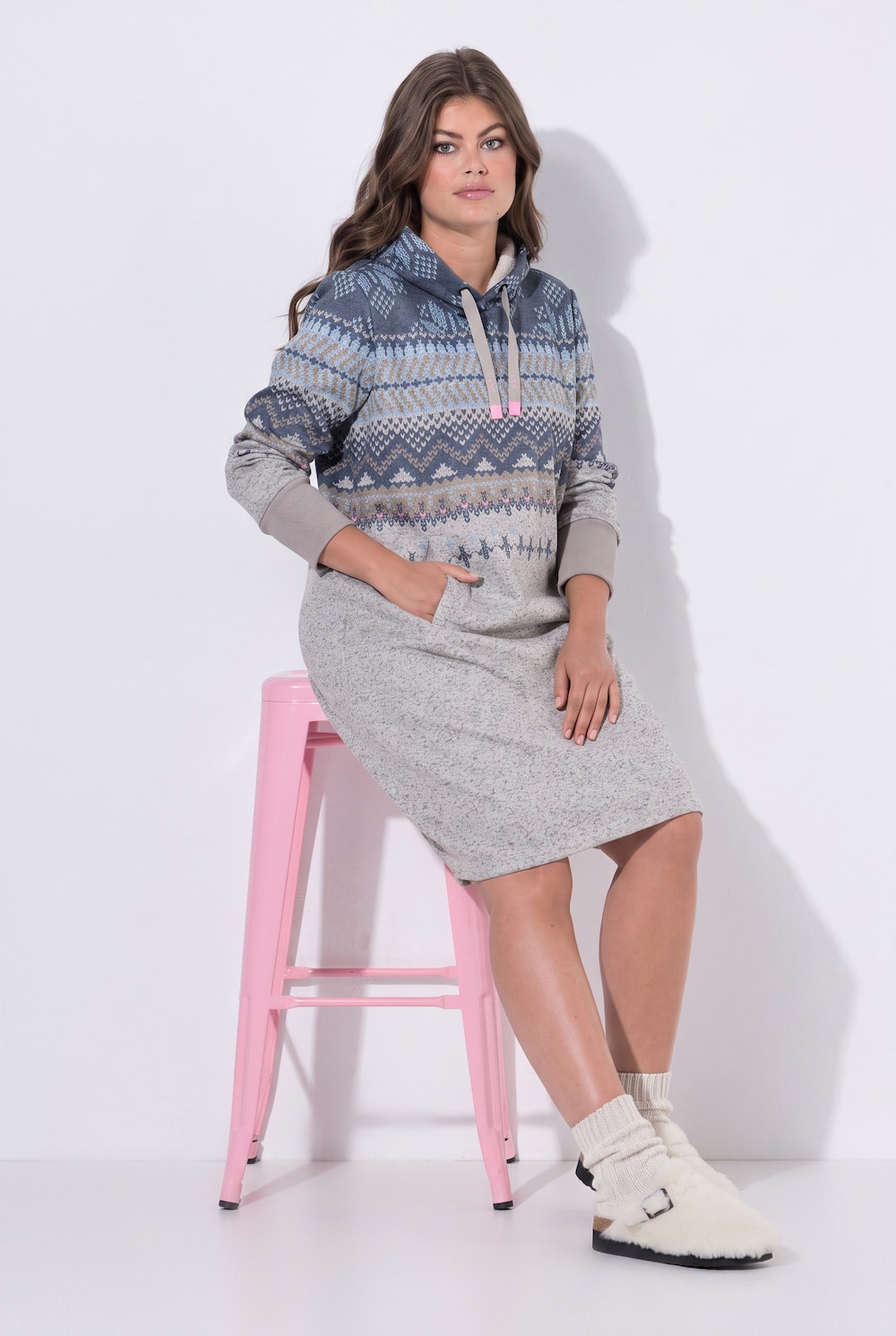 Norweger-Strick-Fleece- Kleid, Kapuze, Langarm