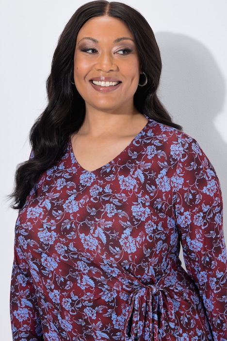 Jerseykleid, Blüten, A-Linie, Rundhals, Langarm