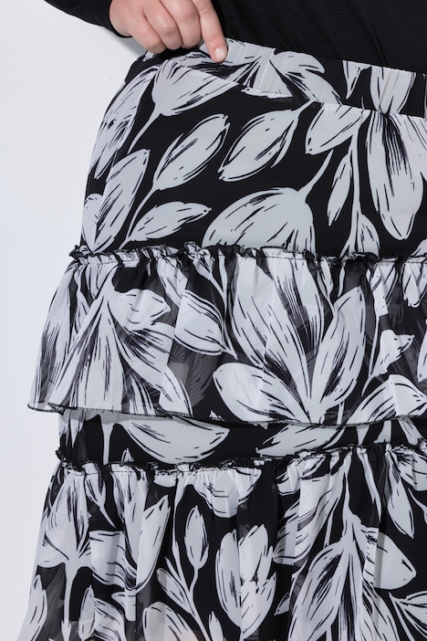 Midirock, A-Linie, Chiffon, florales Muster, Glitzerstreifen