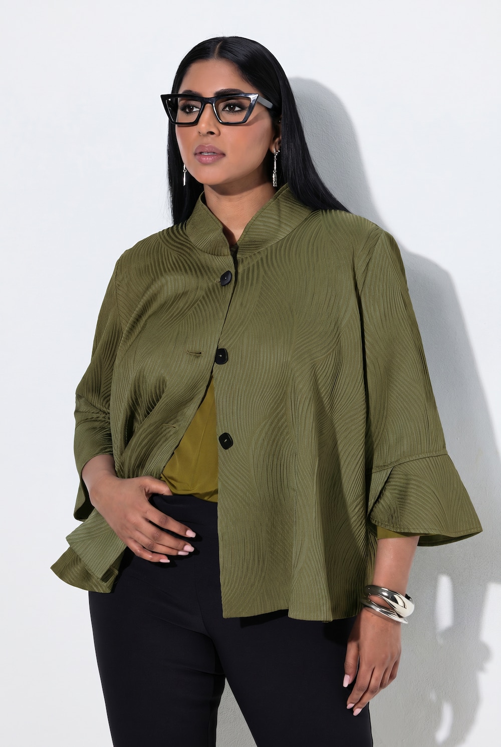 Jacke, Wellen-Design, A-Linie, Stehkragen, 3/4-Arm